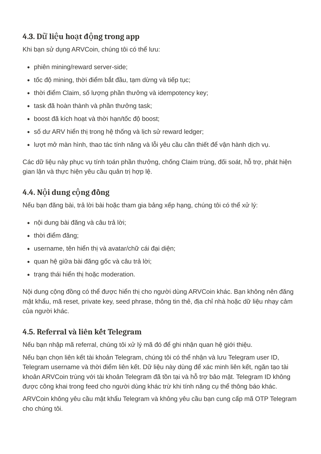 ARVcoin Privacy Policy page 3 of 9