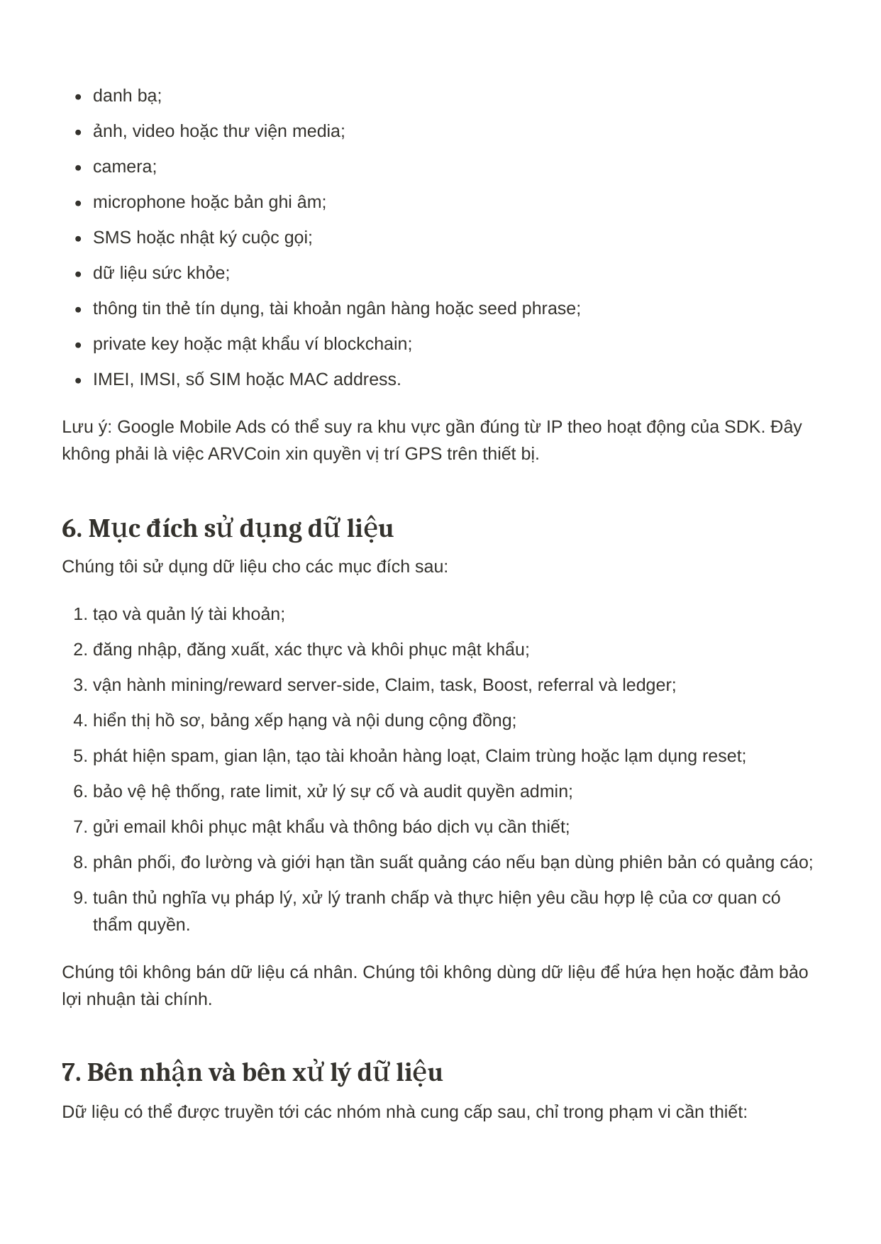 ARVcoin Privacy Policy page 5 of 9
